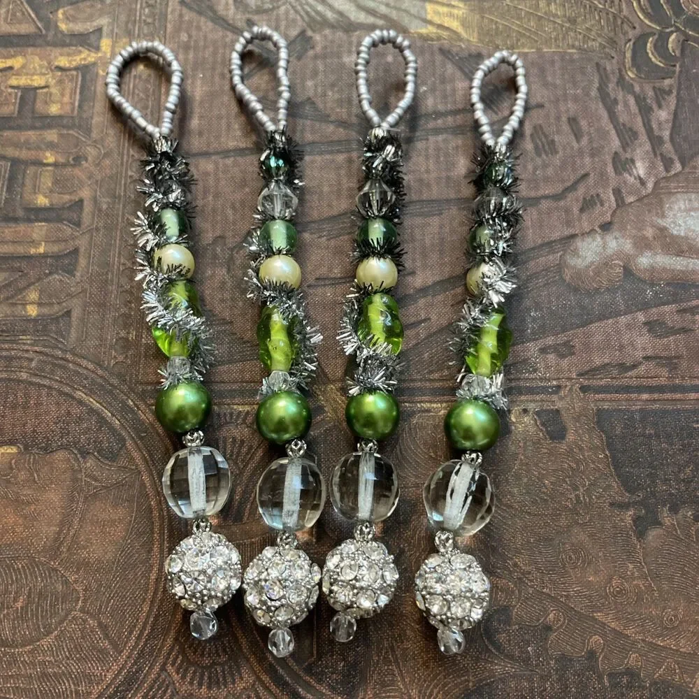 Green Beaded Christmas Ornaments 4 Pcs Victorian Style